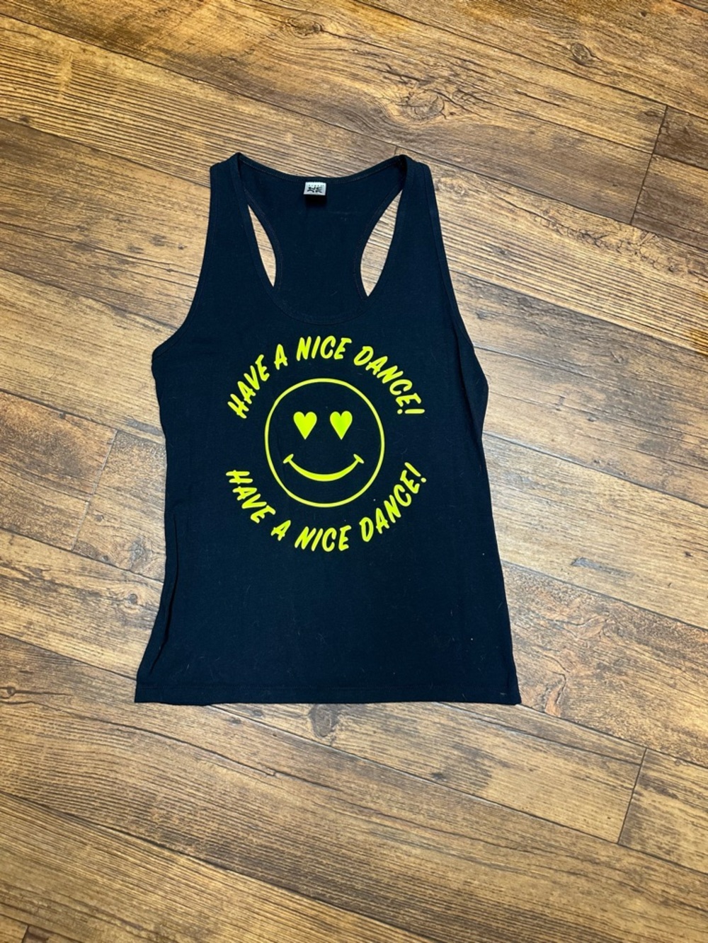 Zumba Fitness Black Tank Top with Neon Yellow Smiley Graphic